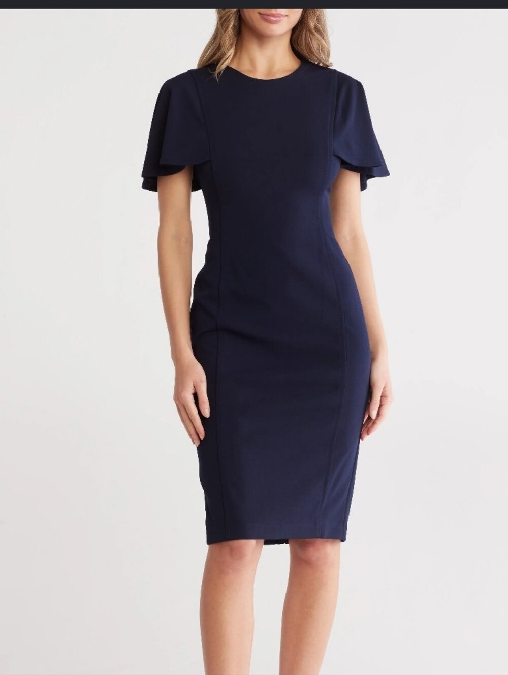 Calvin Klein NWT Size 8 Navy Blue Flutter Sleeve Sheath Midi Dress Career